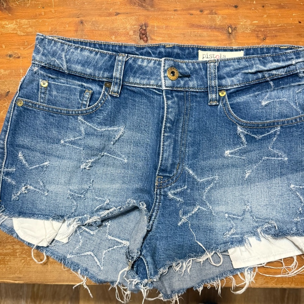 pistola Blue Distressed Star Embroidered Jean Shorts